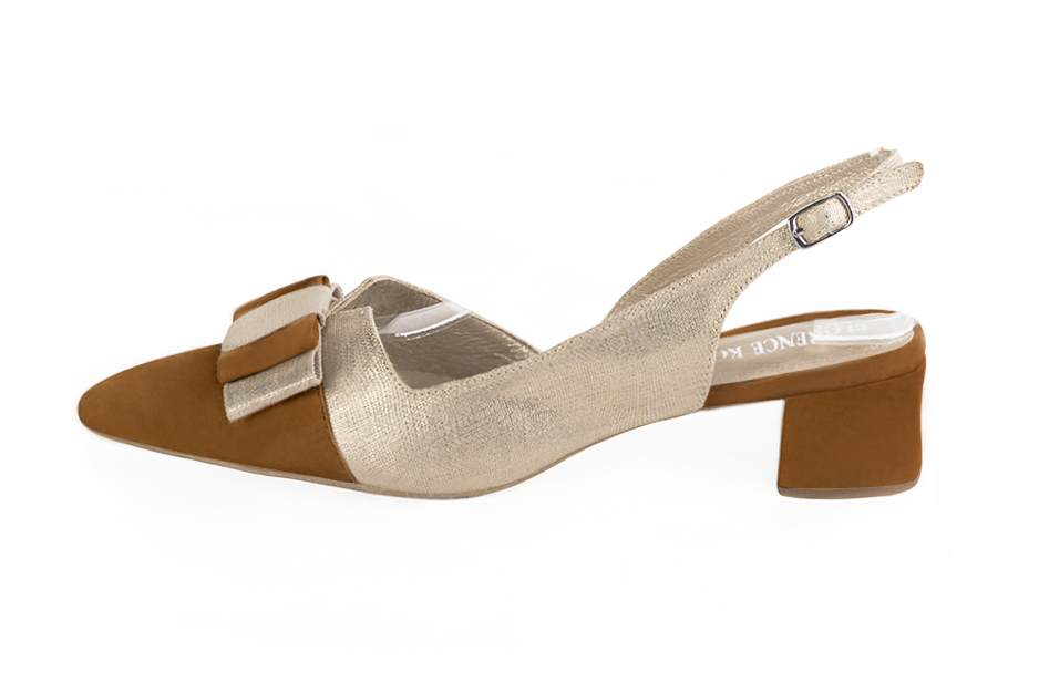 Caramel brown and gold women's open back shoes, with a knot. Tapered toe. Low flare heels. Profile view - Florence KOOIJMAN